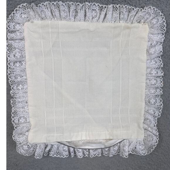 Handmade Pillow Cover Counted Cross Stitch Bunnies Lace Trim Cottage Shabby Chic - Picture 2 of 6